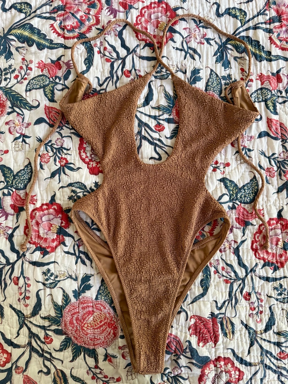 White Fox Boutique Brown Textured Cutout One-Piece Swimsuit